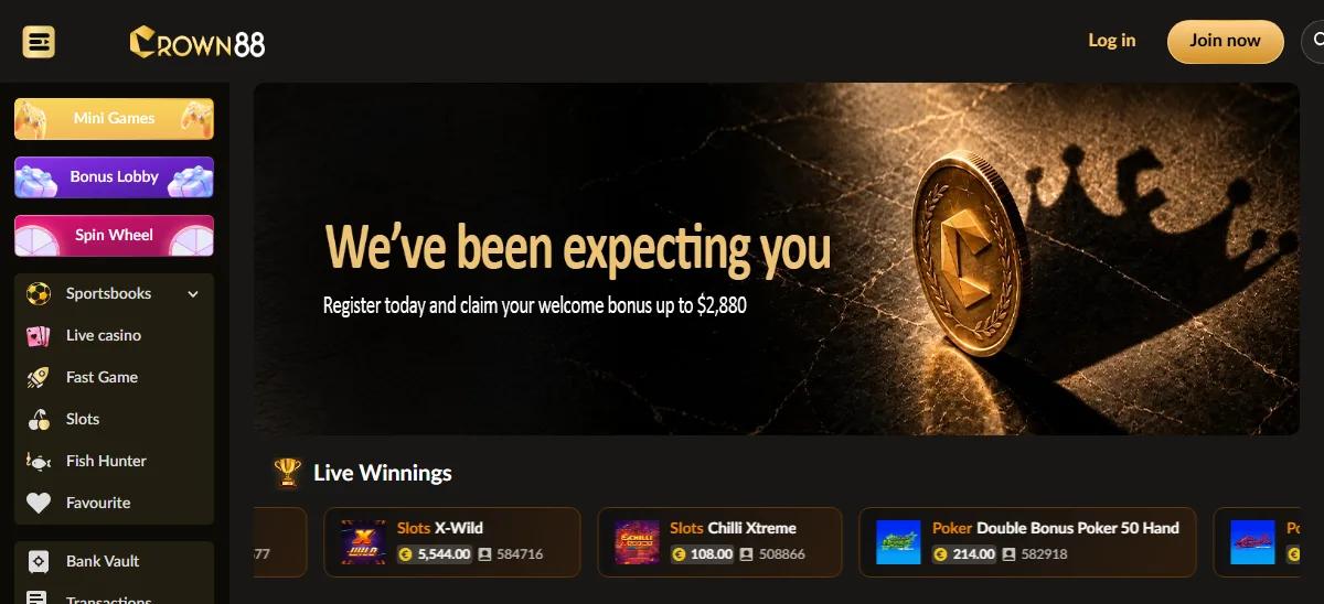 Crown88 homepage online slot singapore, showing the brand hero over a dark background with crypto tokens