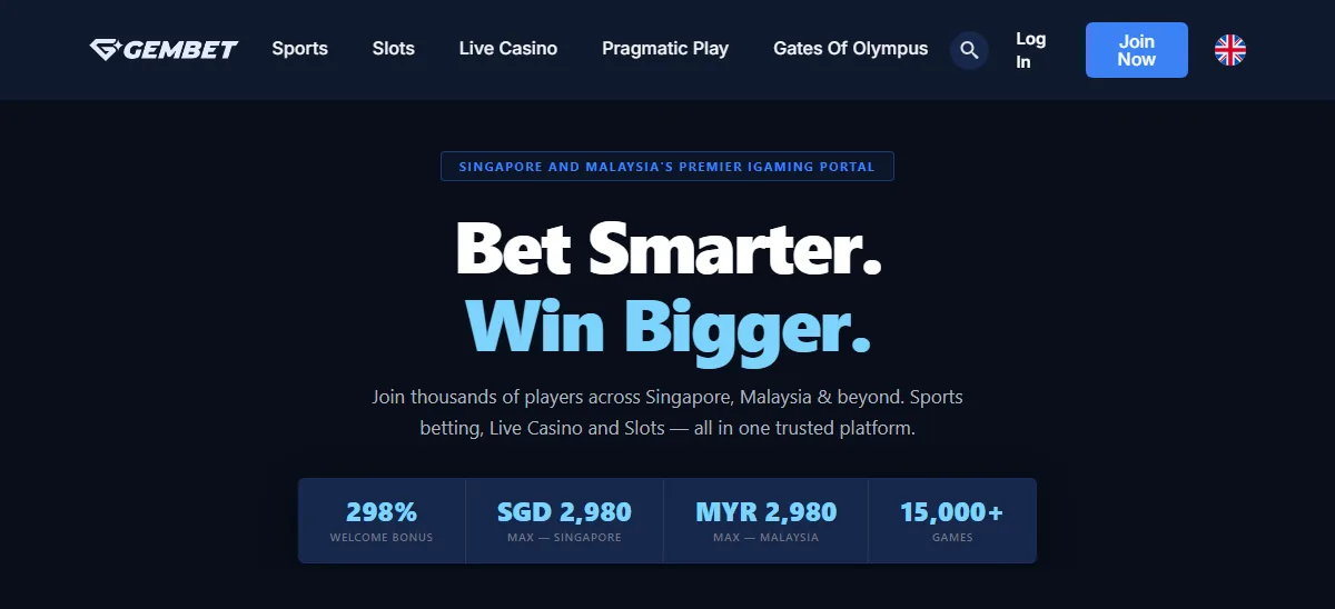Gembet homepage slots online singapore, showing its welcome figures and game count on a dark blue hero