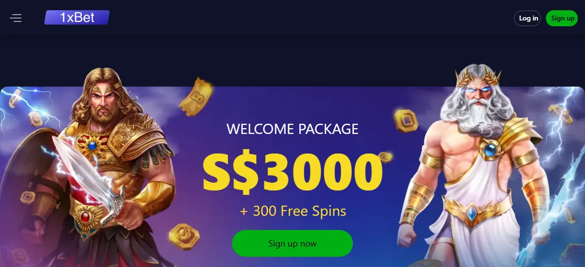 1xbet homepage online slots singapore, showing its welcome package and slot lobby over a dark hero